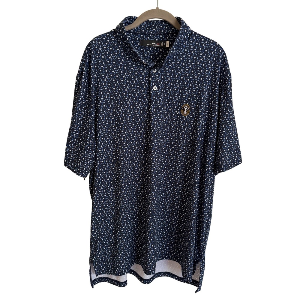 RLX‎ Ralph Lauren Mens XL Navy Blue Golf Club Print Polo Shirt Cow Mascot Logo